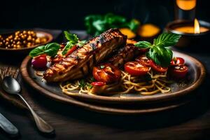 gegrillt Lachs mit Pasta und Tomaten auf ein hölzern Platte. KI-generiert foto