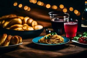 Pasta, Brot und Wein auf ein Tisch. KI-generiert foto