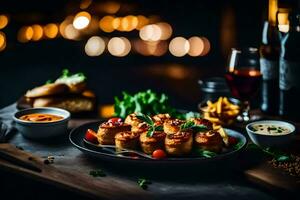 Essen auf ein Tabelle mit ein Flasche von Wein. KI-generiert foto