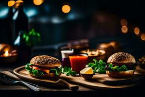 zwei Hamburger auf ein hölzern Schneiden Tafel mit ein Glas von Saft. KI-generiert foto