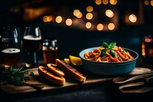 Pasta mit Brot und Wein auf ein hölzern Tisch. KI-generiert foto