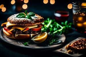 ein Hamburger mit Käse, Grüner Salat und Tomate auf ein hölzern Platte. KI-generiert foto