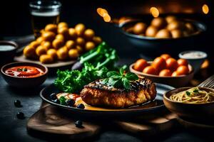 ein Steak mit Gemüse und andere Lebensmittel auf ein Tisch. KI-generiert foto