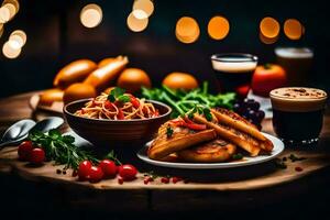 Essen auf ein Tabelle mit Beleuchtung. KI-generiert foto