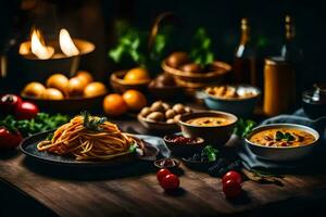 Spaghetti mit Fleisch Soße und Gemüse auf ein hölzern Tisch. KI-generiert foto