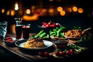 Spaghetti und andere Essen auf ein Tisch. KI-generiert foto