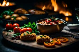 Essen auf ein Tabelle mit ein Feuer im das Hintergrund. KI-generiert foto