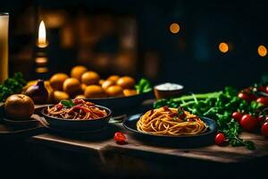 Spaghetti, Tomaten und andere Zutaten sind auf ein Tisch. KI-generiert foto