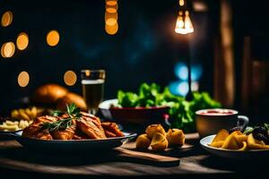 ein Tabelle mit Essen und Getränke auf Es. KI-generiert foto