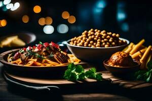 ein Teller von Essen mit Kichererbsen, Fritten und andere Zutaten. KI-generiert foto