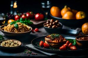 ein Tabelle mit Essen und Wein. KI-generiert foto