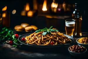 Pasta mit Fleisch und Gemüse auf ein Platte. KI-generiert foto