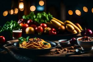 Spaghetti mit Tomate Soße und Gemüse auf ein hölzern Tisch. KI-generiert foto