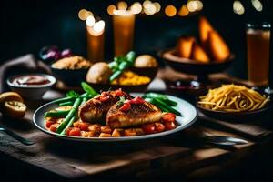 ein Teller von Essen mit Gemüse und Fleisch auf Es. KI-generiert foto