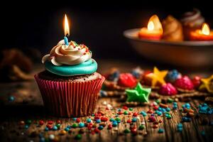 ein Cupcake mit ein zündete Kerze auf ein hölzern Tisch. KI-generiert foto