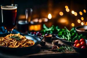 ein Teller von Pasta mit Tomate Soße und ein Glas von Bier. KI-generiert foto