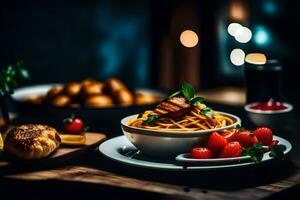 ein Teller von Spaghetti mit Fleisch und Tomaten auf ein Tisch. KI-generiert foto
