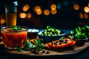 ein Glas von Tomate Saft und etwas Gemüse auf ein hölzern Tablett. KI-generiert foto