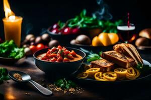 das Essen ist serviert auf ein hölzern Tabelle mit Kerzen und ein Glas von Wein. KI-generiert foto