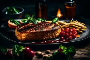 gegrillt Lachs Steak auf ein schwarz Teller mit Französisch Fritten und Tomaten. KI-generiert foto