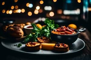 Essen auf ein Teller mit Kerzen und ein Glas von Wein. KI-generiert foto