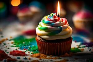 ein Cupcake mit ein Regenbogen Kerze auf oben. KI-generiert foto