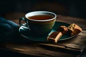 ein Tasse von Tee und ein Scheibe von Kuchen auf ein hölzern Tisch. KI-generiert foto