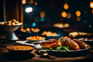 Essen auf ein Tabelle mit Beleuchtung im das Hintergrund. KI-generiert foto