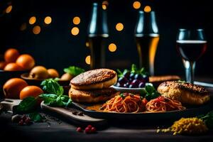 Essen und trinken auf ein Tabelle mit Wein Brille. KI-generiert foto