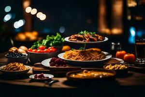 ein Tabelle mit Platten von Essen und Getränke. KI-generiert foto