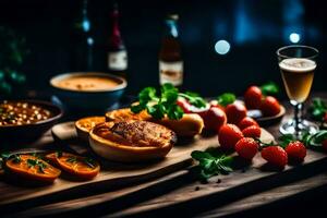 Essen auf ein Tabelle mit Wein und Bier. KI-generiert foto