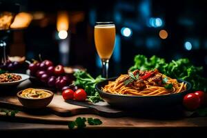 Spaghetti und Bier auf ein hölzern Tisch. KI-generiert foto