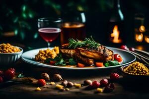 ein Teller von Essen mit Gemüse und Fleisch auf ein Tisch. KI-generiert foto