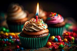 Geburtstag Cupcakes mit ein zündete Kerze. KI-generiert foto