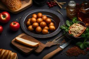 ein Sortiment von Essen einschließlich brot, Eier, und andere Zutaten. KI-generiert foto