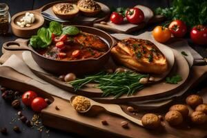 Hähnchen Brust mit Tomate Soße und Gemüse auf ein hölzern Tafel. KI-generiert foto