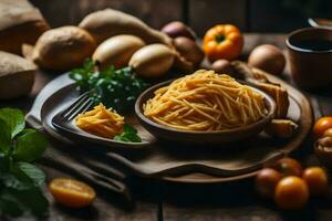 Spaghetti mit Gemüse und Brot auf ein hölzern Tisch. KI-generiert foto