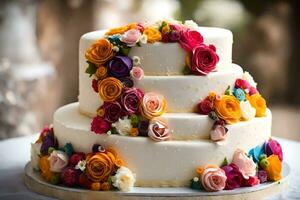 ein drei abgestuft Kuchen mit bunt Blumen auf oben. KI-generiert foto