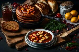 ein Schüssel von Suppe mit brot, Brot und Gemüse. KI-generiert foto