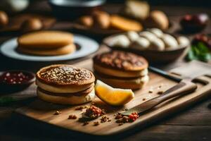 ein hölzern Schneiden Tafel mit Sandwiches und andere Lebensmittel. KI-generiert foto