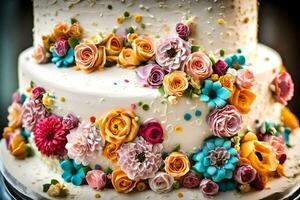 ein Weiß Kuchen mit bunt Blumen auf Es. KI-generiert foto