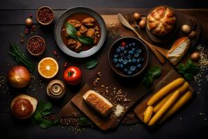 verschiedene Lebensmittel einschließlich brot, Frucht, Gemüse und Brot auf ein Tisch. KI-generiert foto