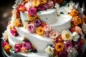 ein Hochzeit Kuchen mit bunt Blumen auf Es. KI-generiert foto