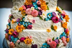 ein Hochzeit Kuchen mit bunt Blumen auf oben. KI-generiert foto