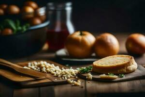 ein hölzern Schneiden Tafel mit brot, Orangen und Kräuter. KI-generiert foto