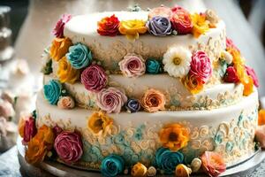 ein Hochzeit Kuchen mit bunt Blumen auf oben. KI-generiert foto