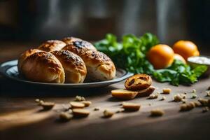 ein Teller mit Brot Rollen und Orangen. KI-generiert foto