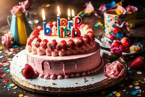 ein Rosa Geburtstag Kuchen mit Kerzen auf oben. KI-generiert foto