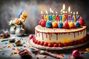 glücklich Geburtstag Kuchen mit Kerzen. KI-generiert foto