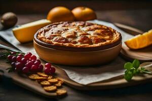 ein Kuchen mit Käse und Trauben auf ein hölzern Tisch. KI-generiert foto